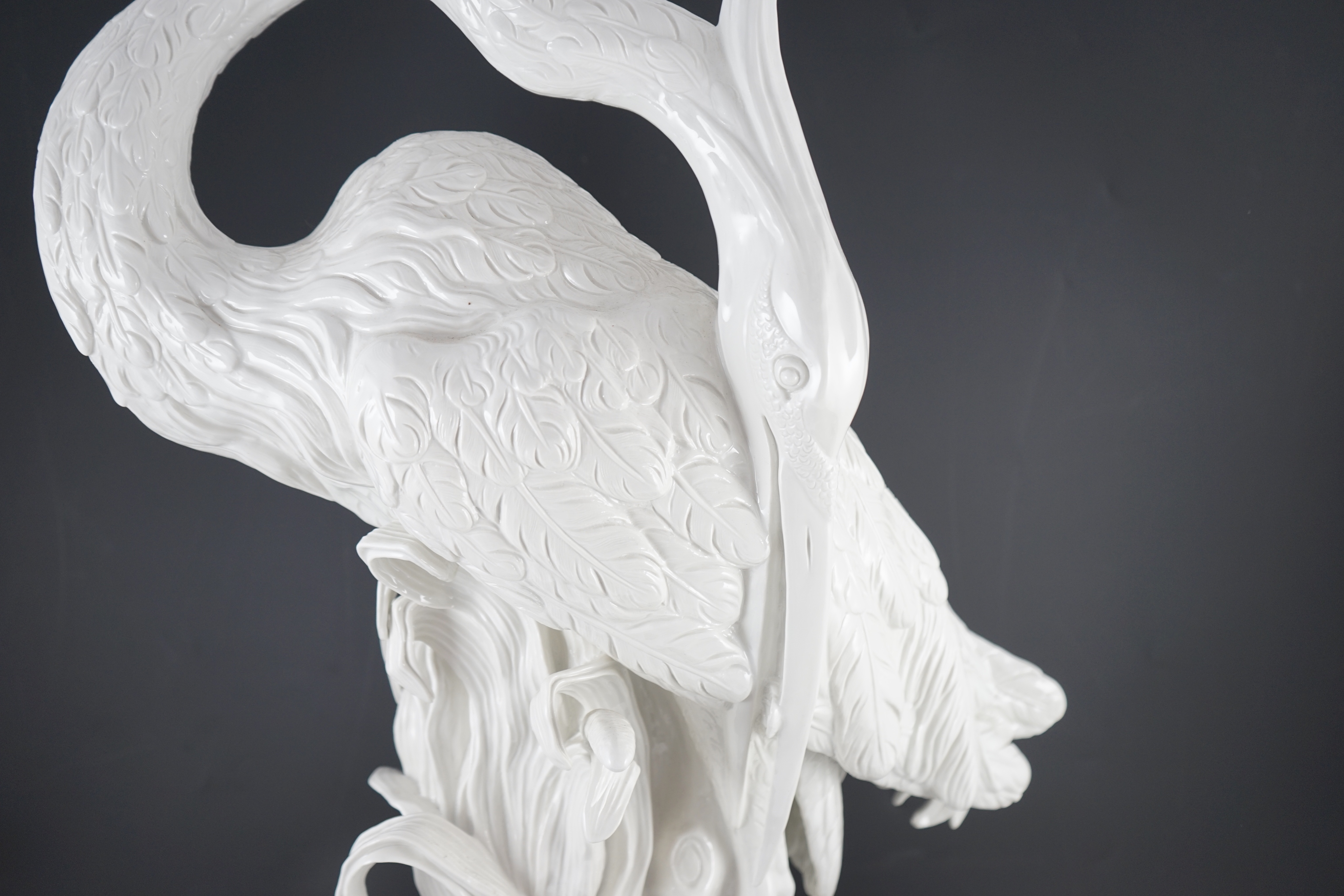An impressive Meissen white glazed porcelain life size model of a heron, 20th century, after J. J. Kändler, 76.5cm high